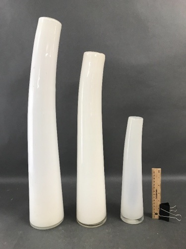 3 Vintage Tall White Murano Style Glass Vases