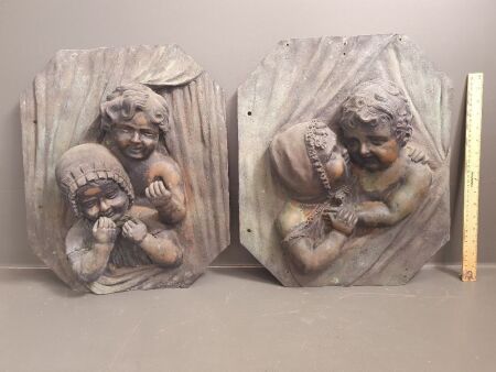 Unique Pair of Large Antique Cast Bronze Wall Plaques with Children in Relief