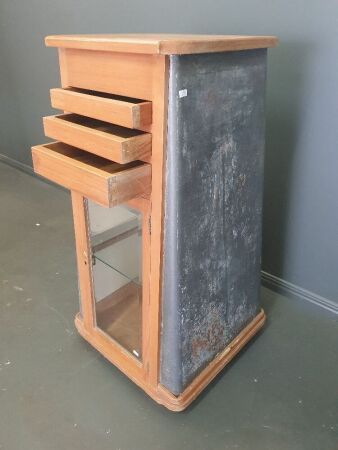 Antique German Zinc Sided Dentists Cabinet with 3 Drawers and Original Bevelled Glass Door Under - No Drawer Handles