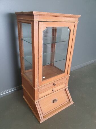 Antique German Pine Counter Top Display Cabinet with 3 Drawers, 2 Glass Shelves and Original Shaped Bevelled Glass to Door