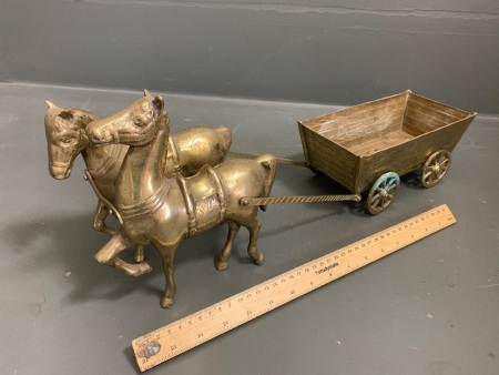 Pair of Vintage Brass Horses Pulling Wagon