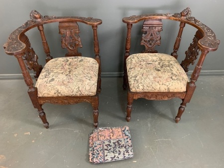 A Pair Matching of Elaborately Carved 19th Century French Corner Chairs with Upholstered Seats