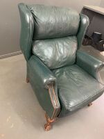 Green Leather Wingbacked Armchair with Studded Arms and Ball & Claw Front Legs - 3