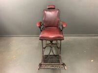 Antique Cast Iron and Leather Upholstered National Reclining Barbers Chair - 3