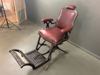 Antique Cast Iron and Leather Upholstered National Reclining Barbers Chair