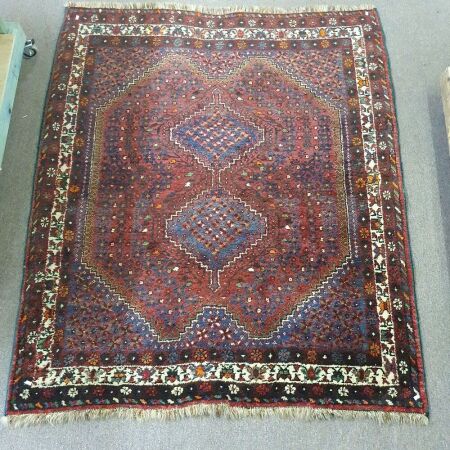 Heavy Vintage Persian Tribal Hand Knotted Wool Rug in Burgundy and Blues