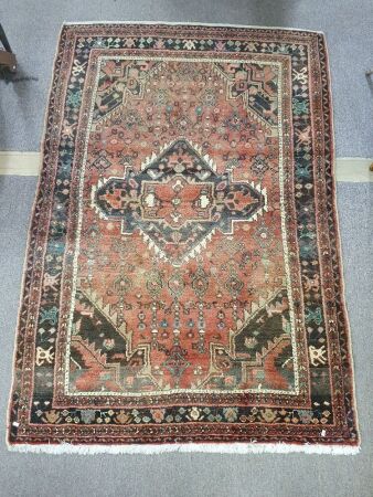 Heavy Vintage Persian Tribal Hand Knotted Wool Rug in Reds, Aqua and Browns