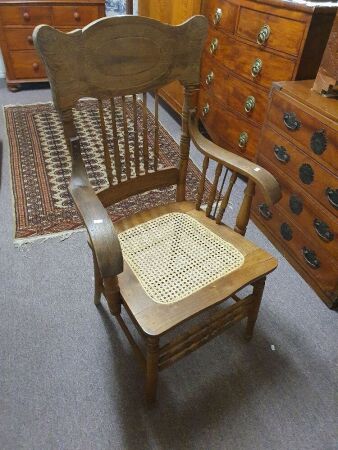 Antique Spindle Back Carver Chair with Pressed Timber Back Rest and Newly Caned Seat