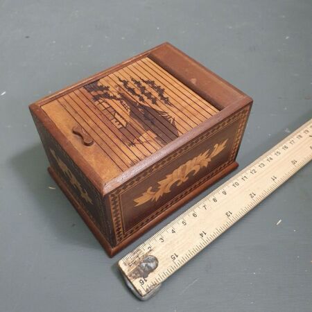 Vintage Cedar Novelty Cigarette Box with Boxwood Marquetry Inlay and Japanese Design on Tambour Top