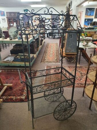 Scrolled Metalwork 2 Tier Flower Wagon on Wheels with Hooks