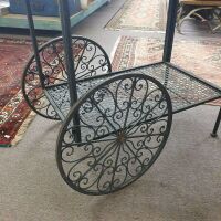 Scrolled Metalwork 2 Tier Flower Wagon on Wheels with Hooks - 3