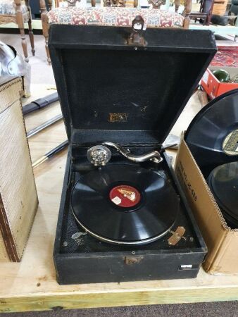 Antique Portable HMV Gramaphone with Asstd Records in Working Order - Requires Service