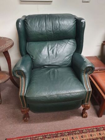 Green Leather Wingbacked Armchair with Studded Arms and Ball & Claw Front Legs