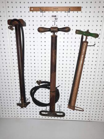 3 X VINTAGE TYRE PUMPS - BRASS, STEEL, TIMBER- CONDITION GOOD