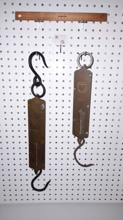 PAIR OF ANTIQUE HANGING SCALES, SALTERS 80LT SPRING BALANCE - 530 LONG, AVERY'S SPRING BALANCE 40lb - 410 LONG.