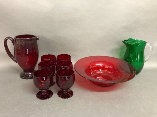 Ruby Glass Jug & Goblet Set + Red Bowl & Greeen Jug etc 