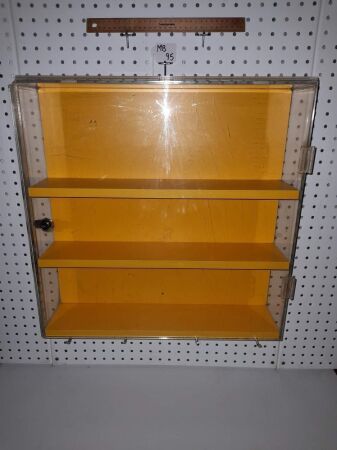 VINTAGE TIMBER HANGING PERSPEX DISPLAY CASE FROM SERVICE STATION - 505 X 505 X 125 DEEP - CONDITION GOOD