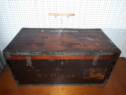 WWII OFFICERS CHEST. HANDMADE/SIGNWRITTEN, H.J. WINSEN - 995W X 480H X 500D - CONDITION GOOD