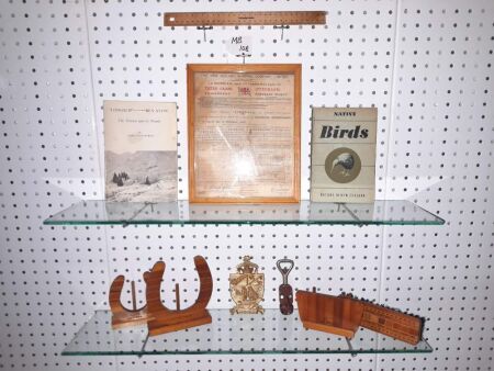 SELECTION OF VINTAGE/RETRO NZ ITEMS, NZ SHIPPING COMPANY FRAMED RECIEPT, 4 X NZ TIMBER VARIETY ITEMS. RARE BOOK NZ BIRDS - CONDITION GOOD