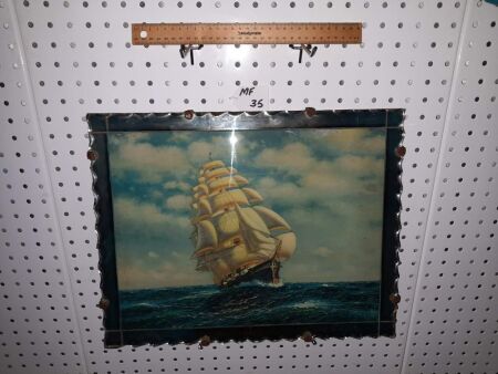 VINTAGE TALL SHIP PICTURE, MIRRORED / BEVELLED GLASS FRAME - 480 X 360 H - CONDITION GOOD