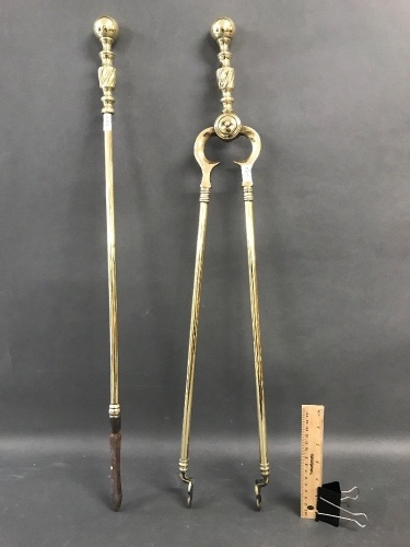 Vintage Brass Fireplace Tongs & Poker