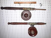 PAIR HANDMADE BRASS / TIMBER FISHING REELS ON ROD BUTTS - CONDITION GOOD - 2