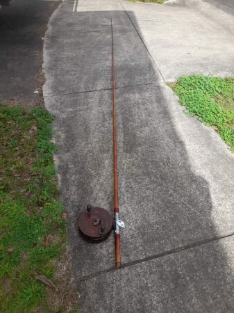 ANTIQUE ANGLER ROD - MADE IN CALOUNDRA + 1 PIECE BAMBOO BEACH ROD WITH HANDMADE REEL - 4.3M LONG - CONDITION GOOD