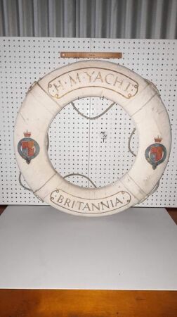 VINTAGE - H.M YACHT BRITANNIA - LIFE BUOY - HAND STITCHED PAINTED CANVAS FROM LATE KEITH WILIAMS COLLECTION (PROPORTEDLY AUTHENTIC) - 770 DIAMETER - CONDITION GOOD