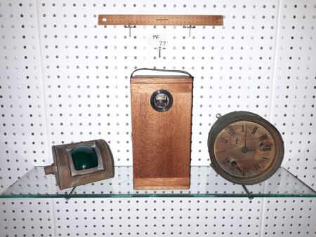 ANTIQUE STARBOARD BRASS / GREEN GLASS LIGHT, BIRMINGHAM UK + VINTAGE SAURA TOKYO COMPASS - TIMBER CASE + ANTIQUE STETHOM MARINE CLOCK / KEY - CONDITION FAIR