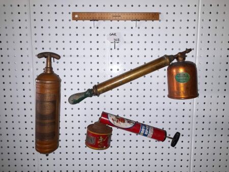 ANTIQUE FIRE EXTINGUISHER, PYRENE ENGLAND. 350 LONG + BRASS REGA HAND PUMP, HARRY BRAND HAND PUMP. GOOD GRAPHICS- CONDITION GOOD