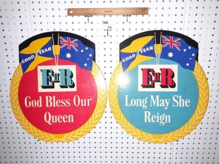 VINTAGE PAIR OF GOODYEAR TYRES, QUEEN ELIZABETH 2 CORONATION ADVERTISING CARDBOARD SIGNS. VERY RARE. - CONDITION GOOD