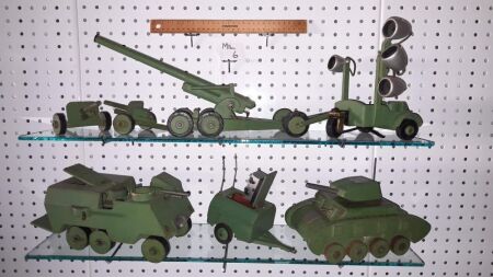 7 X HANDMADE TIMBER/STEEL MILITARY MODELS POST WORLD WAR 2. ALL MOVING PARTS, UNIQUE. - CONDITION GOOD