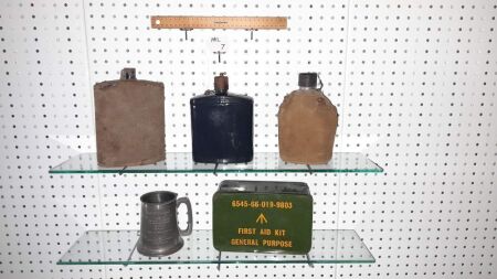 3 X VINTAGE WATER FLASKS. VIETNAM ERA FIRST AID KIT + METAL BOX (EMPTY). RETIREMENT TANKAND FOR CORNEL P. WOODFORD RAAF 1974 - CONDITION FAIR