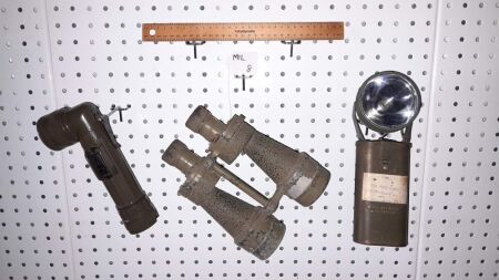 WWII BINOCULARS, 6 VOLT WWII FLASHLIGHT + MILITARY FLASHLIGHT/SIGNALLING TORCH (COLOURED LENSES) - CONDITION FAIR