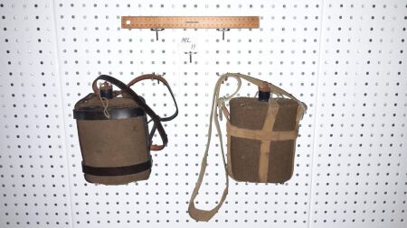 PAIR ANTIQUE WWI LIGHTHORSE WATER FLASK WITH LEATHER HARNESS + INFANTRY WATER FLASK WITH CANVAS HARNESS - CONDITION GOOD