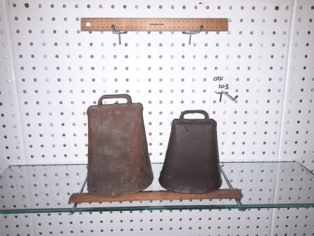 ANTIQUE COW BELLS - 180 AND 155 HIGH - CONDITION GOOD