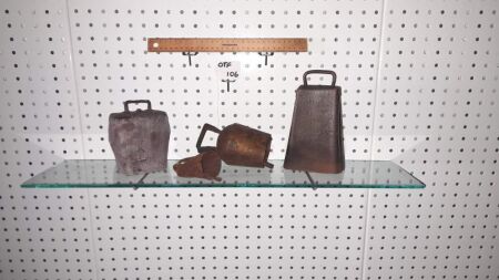 TRIO OF VINTAGE STEEL ANIMAL BELLS - COPPER ALUMINIUM BELL - LARGEST STEEL BELL STAMPED, 481 - M and T ALLEN - CONDITION GOOD