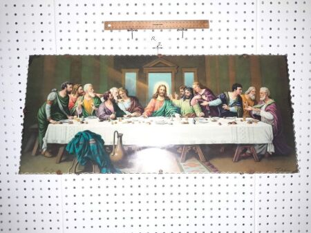 LAST SUPPER PRINT, SCALLOPED EDGE GLASS - 760 X 340 - CONDITION FAIR