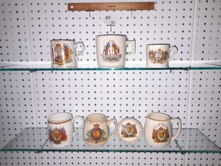 1937 EDWARD VIII CORONATION MUGS X 3, 1937 GEORGE VI MUG, GEORGE 5TH SILVER JUBILEE MUG 1935, 1949 ROYAL VISIT PLATE / PIN DISH AND MUG - CONDITION GOOD