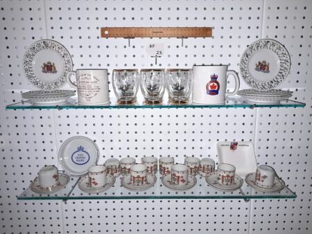 ANTIQUE 24 PIECE CRIMEAN WAR COFFEE SET, SET OF 6 AUSTRALIAN REGIMENT PIERCED PLATES, 1919 SAVIOUR OF PEACE IN EUROPE MUG, AUSTRALIAN MUG, SET OF 6 AUSTRALIAN REGIMENT GLASSES. - CONDITION GOOD