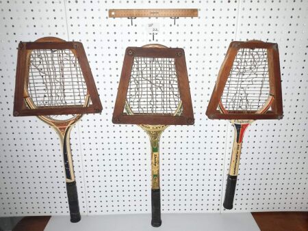 TRIO OF VINTAGE TIMBER TENNIS RACKETS / FRAMES. ROD LAVER DUNLOP, CHALLENGE SLAZENGER, MAXPLY DUNLOP. - CONDITION FAIR