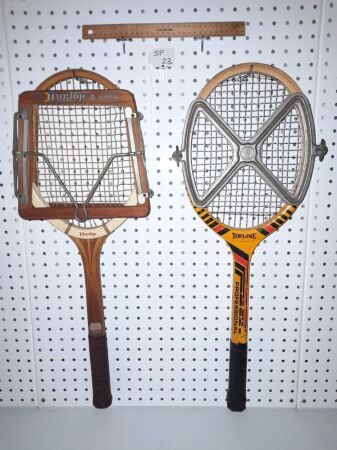 PAIR OF VINTAGE TIMBER TENNIS RACKETS / FRAMES. DUNLOP, GERMAN WITH DUNLOP FRAME, TOPLINE PROFESSIONAL WITH BAG / ALLOY FRAME - CONDITION GOOD