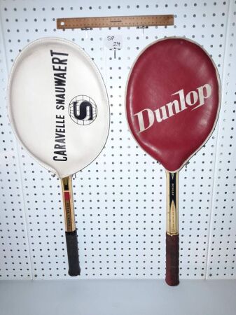 PAIR OF VINTAGE TIMBER TENNIS RACKETS WITH MATCHING VINYL COVERS. SLAZENGER, ROYAL CROWN. DUNLOP PASTIME. - CONDITION GOOD