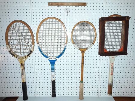 3 X VINTAGE TENNIS RACKETS, 1 X VINTAGE TIMBER SQUASH RACKET. 1 X RACKET FRAME. - CONDITION FAIR