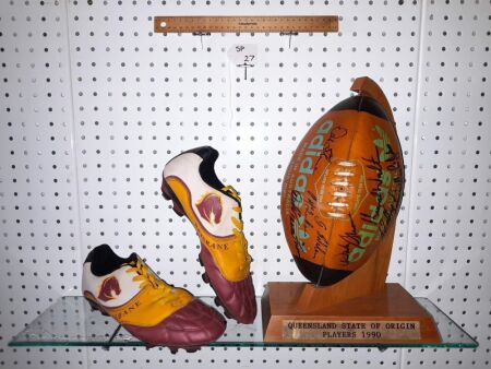 1990 QLD STATE OF ORIGIN SIGNED FOOTBALL, PAIR OF VINTAGE BRISBANE BRONCOS FOOTBALL BOOTS - CONDITION GOOD