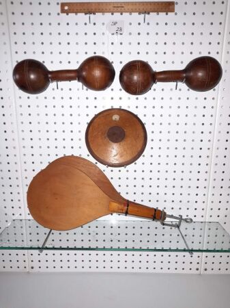 PAIR VINTAGE HANDMADE WALKING WEIGHTS, PAIR VINTAGE TABLE TENNIS BATS / CLAMPS, DISCUS. - CONDITION GOOD