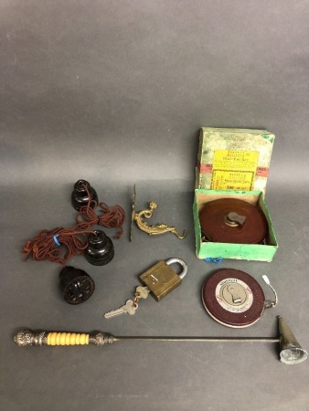 Asstd Box Lot inc. Vintage Tape Measures, Bakelite Light Pulls, Snuffer, Padlock ETC