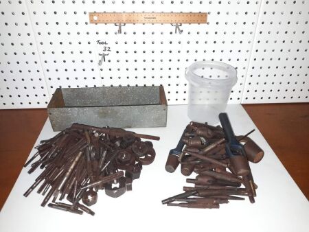 HUGE LOT VINTAGE TAPS/DYES, HOLE PUNCHES (1 X TRAY - 1 X BUCKET) - CONDITION GOOD