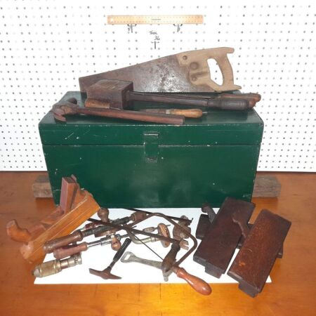 HANDMADE CARPENTERS TOOLBOX AND VINTAGE TOOLS BOX 605 X 315 X 285 HIGH. - CONDITION GOOD