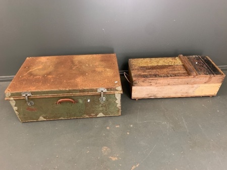 Vintage Tin Chest + Vintage Timber Box - As Is